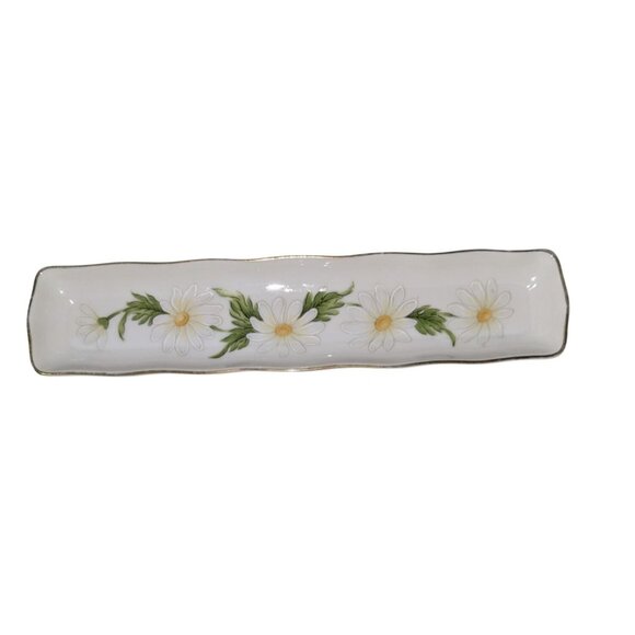 Lefton Vintage Japanese Hat pin olive relish Tray with Floral Daisy Pattern #137 - Picture 1 of 9